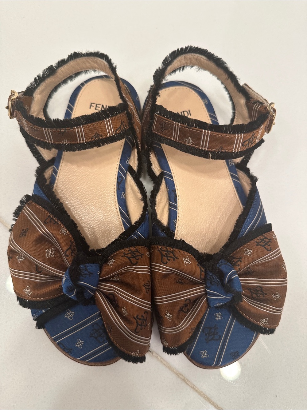 Fendi Blue and Brown Bow Strap Sandals for kids